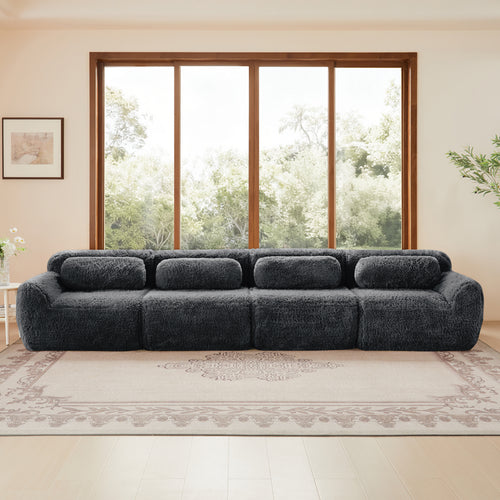 Front view of 149'' dark grey modular plush sofa with soft cushions, ideal for modern living rooms and no assembly required.