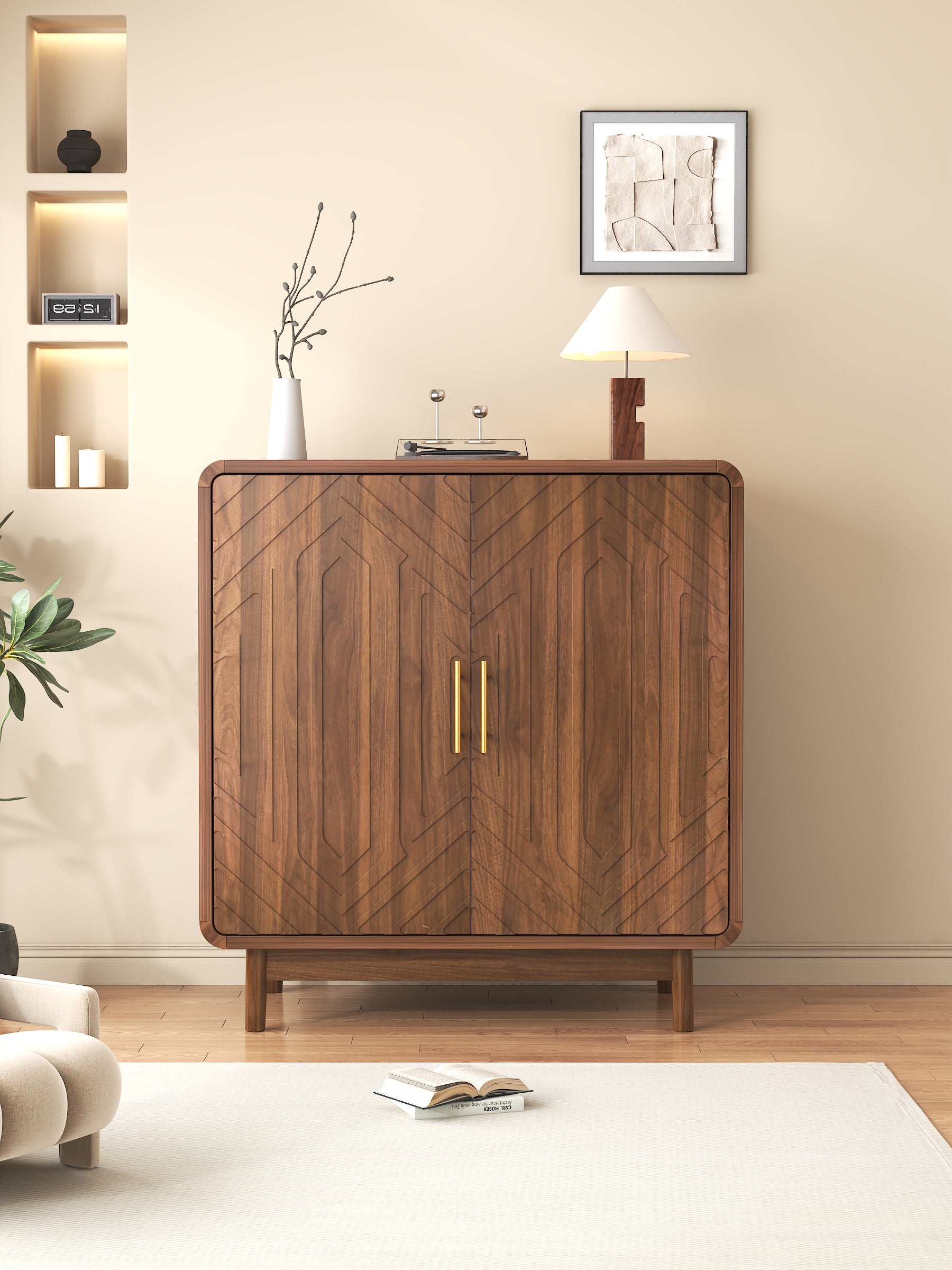 Walnut Finish Wood Sideboard Cabinet with Curved Edges and Storage