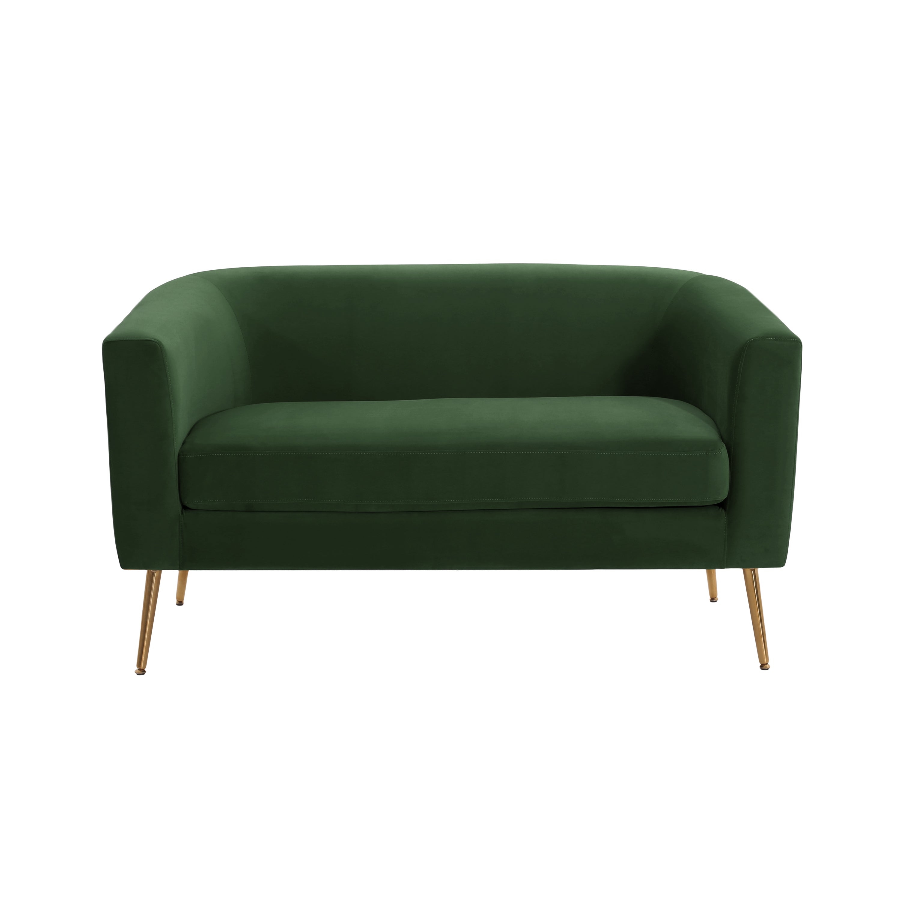 Retro Green Velvet Loveseat with Modern Design featuring gold metal legs and curved backrest, ideal for stylish living rooms or lounges.