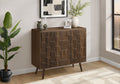 Mid-century transitional storage cabinet in dark walnut with a textured, square-patterned front and tapered wood legs.