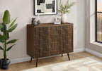 Mid-century transitional storage cabinet in dark walnut with a textured, square-patterned front and tapered wood legs.