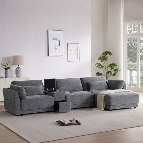 124'' modular sectional sofa with storage and USB charger in gray fabric, featuring a flip-top console and movable ottoman in a modern living room.