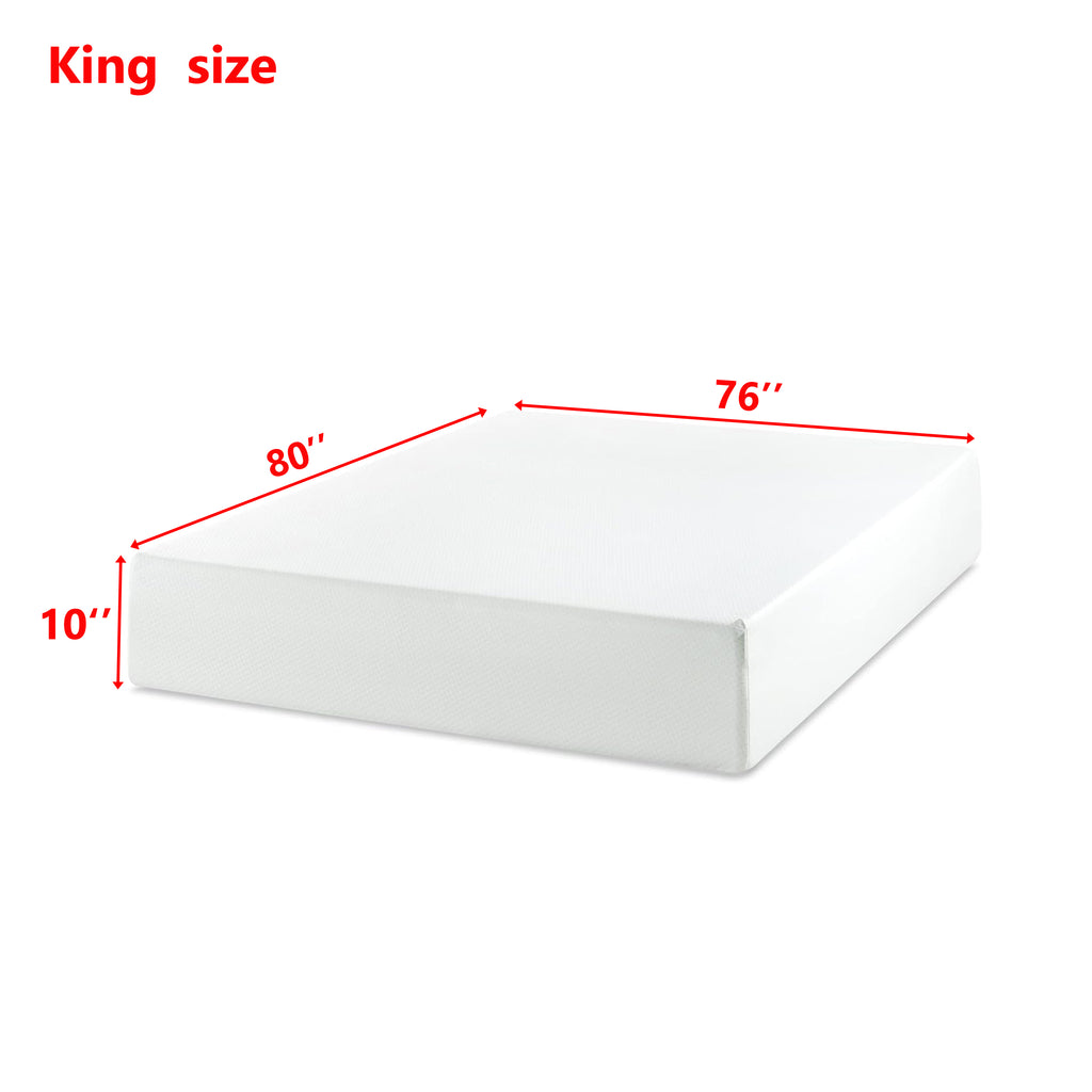 King Size Green Tea Memory Foam Mattress dimensions: 76 inches wide by 80 inches long and 10 inches thick. Perfect fit for king-size bed frames.