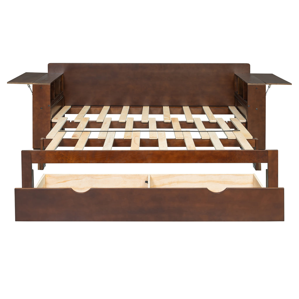 Front view of Queen Daybed in bed mode with slatted base and open drawer, showcasing dual storage and sleeping functionality.