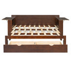 Front view of Queen Daybed in bed mode with slatted base and open drawer, showcasing dual storage and sleeping functionality.