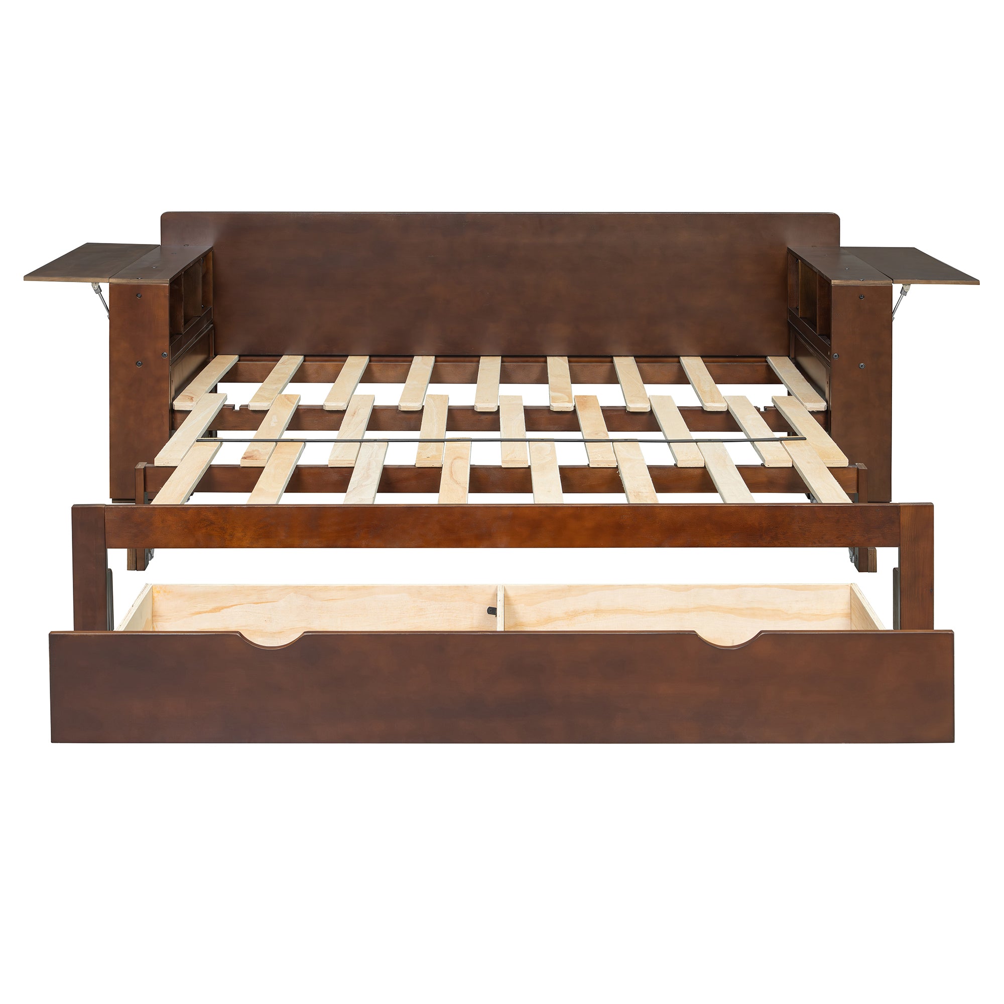 Front view of Queen Daybed in bed mode with slatted base and open drawer, showcasing dual storage and sleeping functionality.