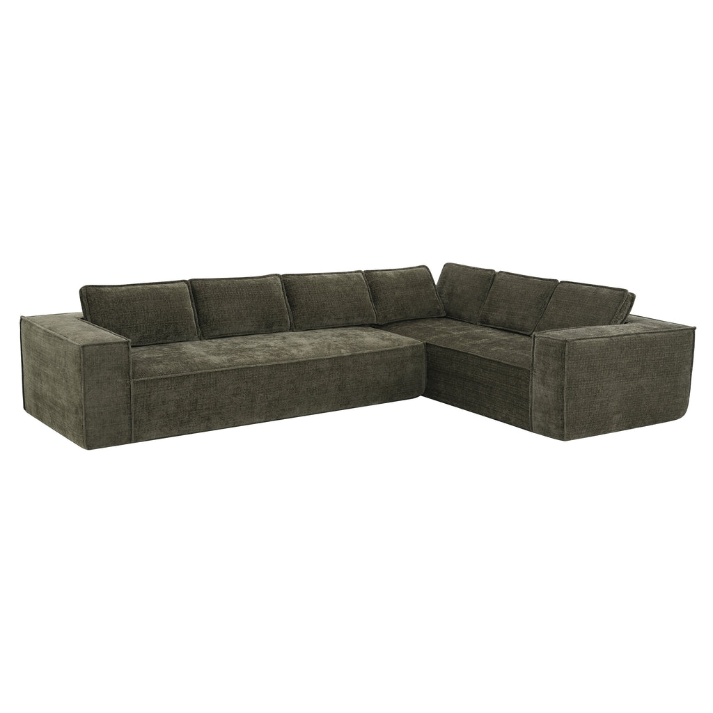 Angled view of the chenille modular sectional sofa showing its L-shape and wide armrests for added functionality.