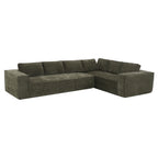 Angled view of the chenille modular sectional sofa showing its L-shape and wide armrests for added functionality.