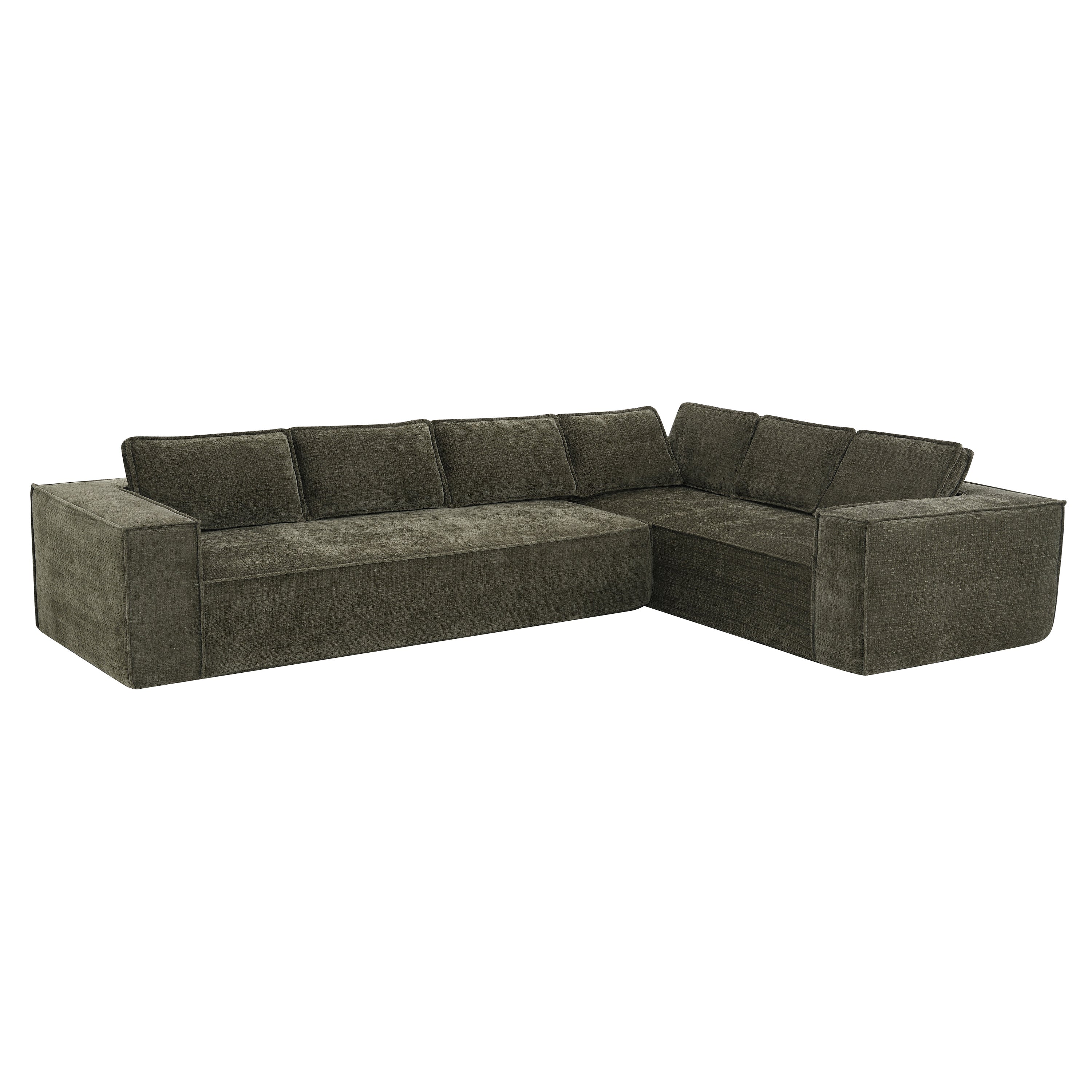 Angled view of the chenille modular sectional sofa showing its L-shape and wide armrests for added functionality.