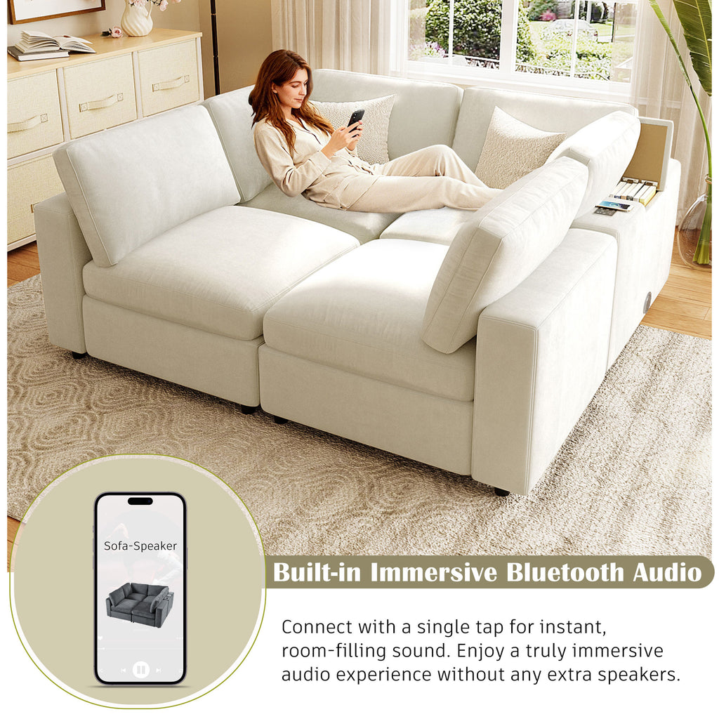 Modular Sofa with Charging - Storage | Chenille, 4 Seats featuring built-in Bluetooth speaker for immersive audio and modern tech integration.