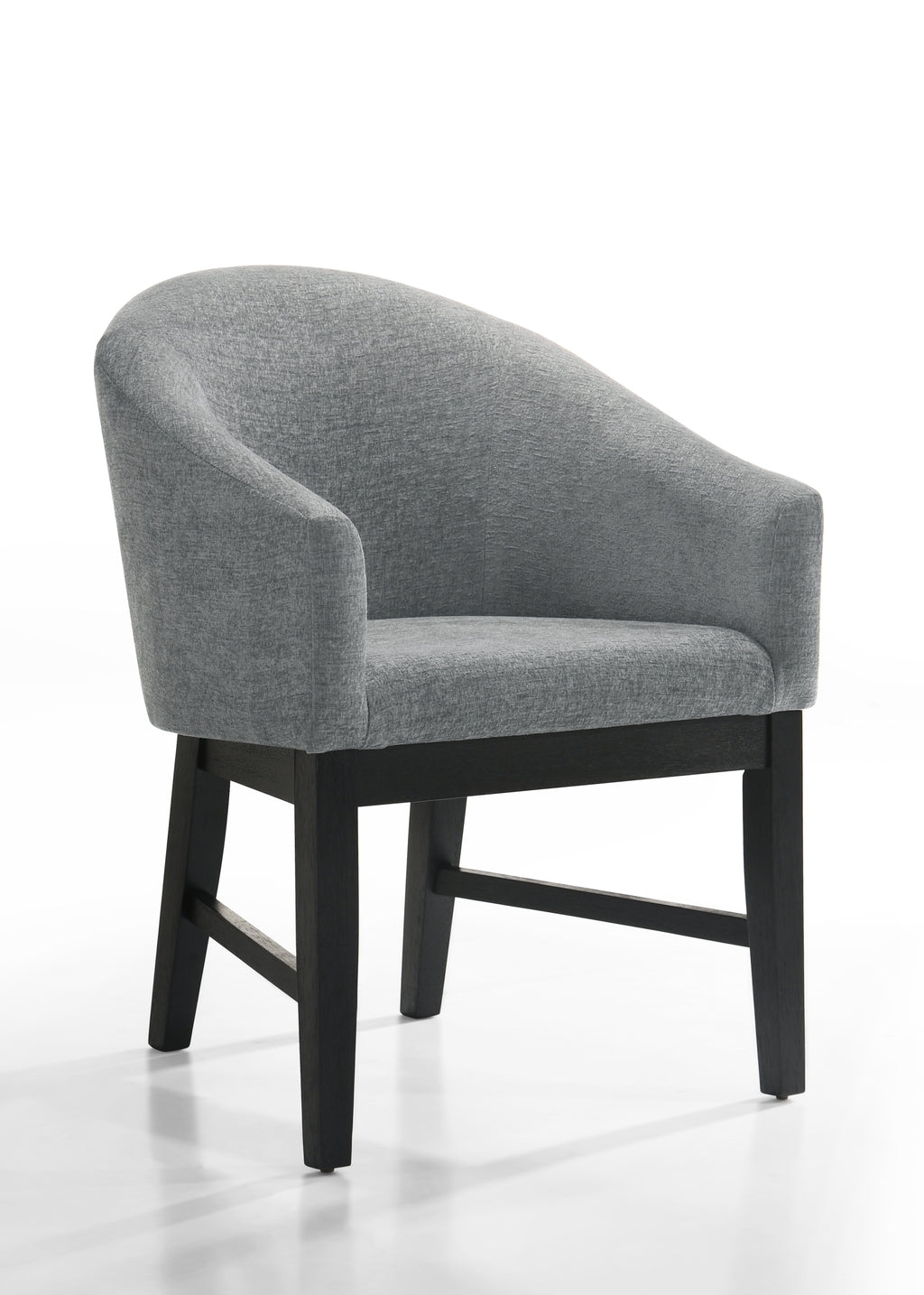 Haven 7Pc Dining Set - Round Ebony includes gray upholstered barrel chair with curved backrest and black wood legs for modern comfort.