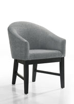 Haven 7Pc Dining Set - Round Ebony includes gray upholstered barrel chair with curved backrest and black wood legs for modern comfort.