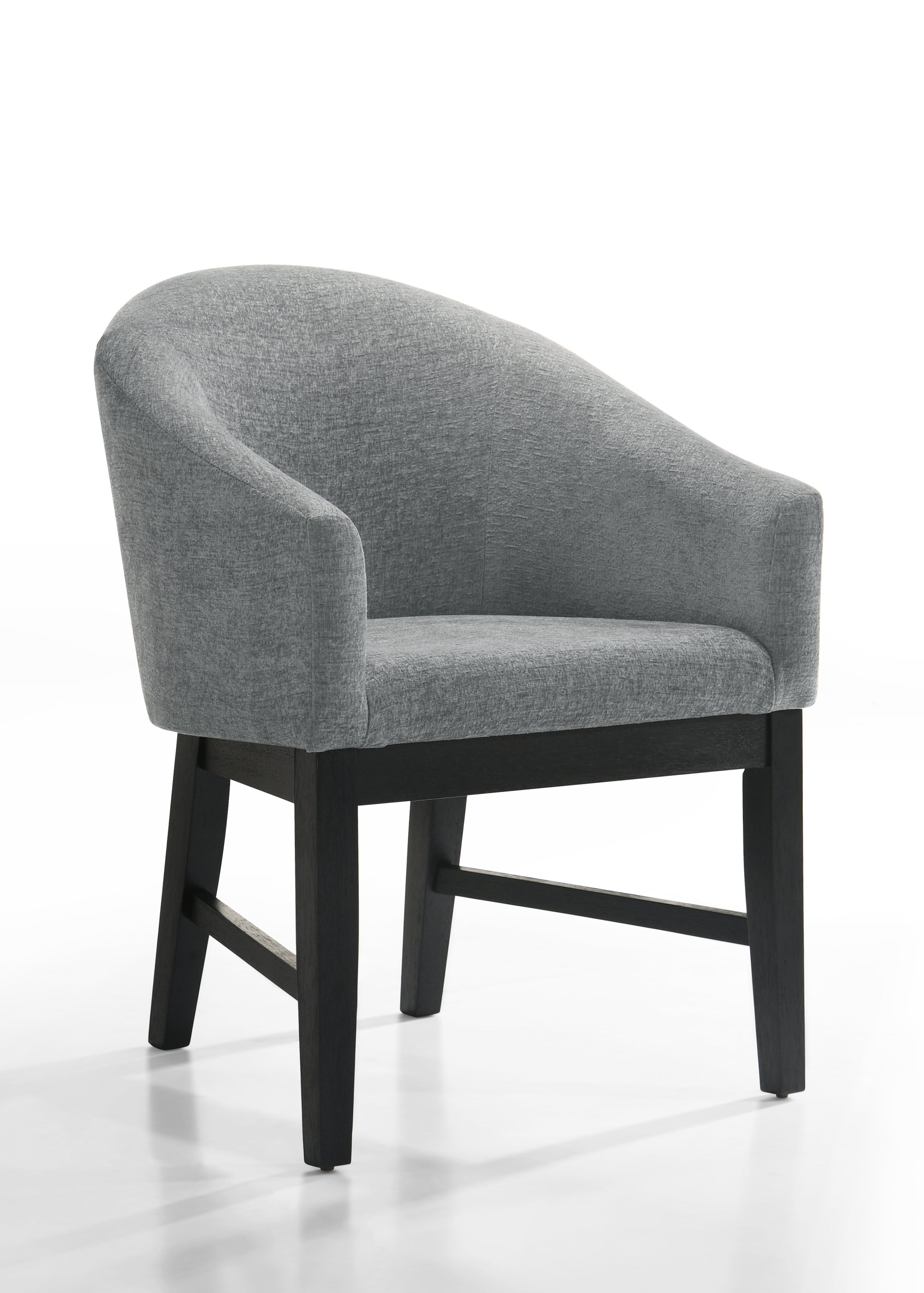 Haven 7Pc Dining Set - Round Ebony includes gray upholstered barrel chair with curved backrest and black wood legs for modern comfort.