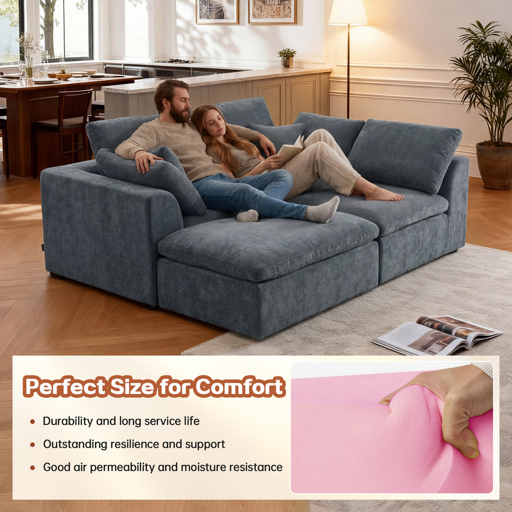 Modern Sectional Couch - Minimalist Sofa with 4 seats shown with couple lounging, highlighting memory foam comfort and breathable chenille fabric.