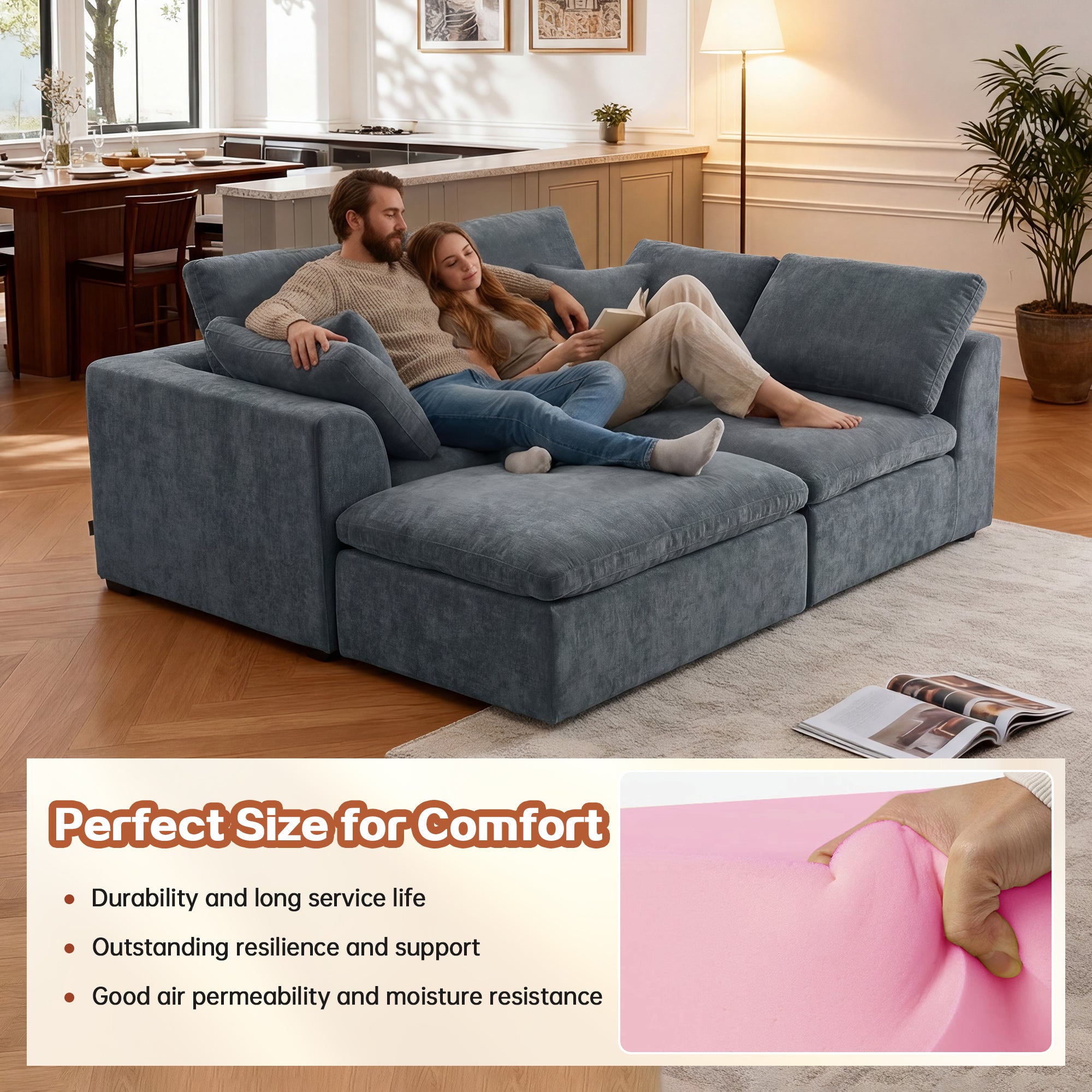 Modern Sectional Couch - Minimalist Sofa with 4 seats shown with couple lounging, highlighting memory foam comfort and breathable chenille fabric.