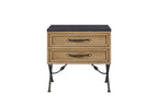 Cashew-colored wood nightstand with two drawers, dark textured top, and decorative wrought-iron legs against white.