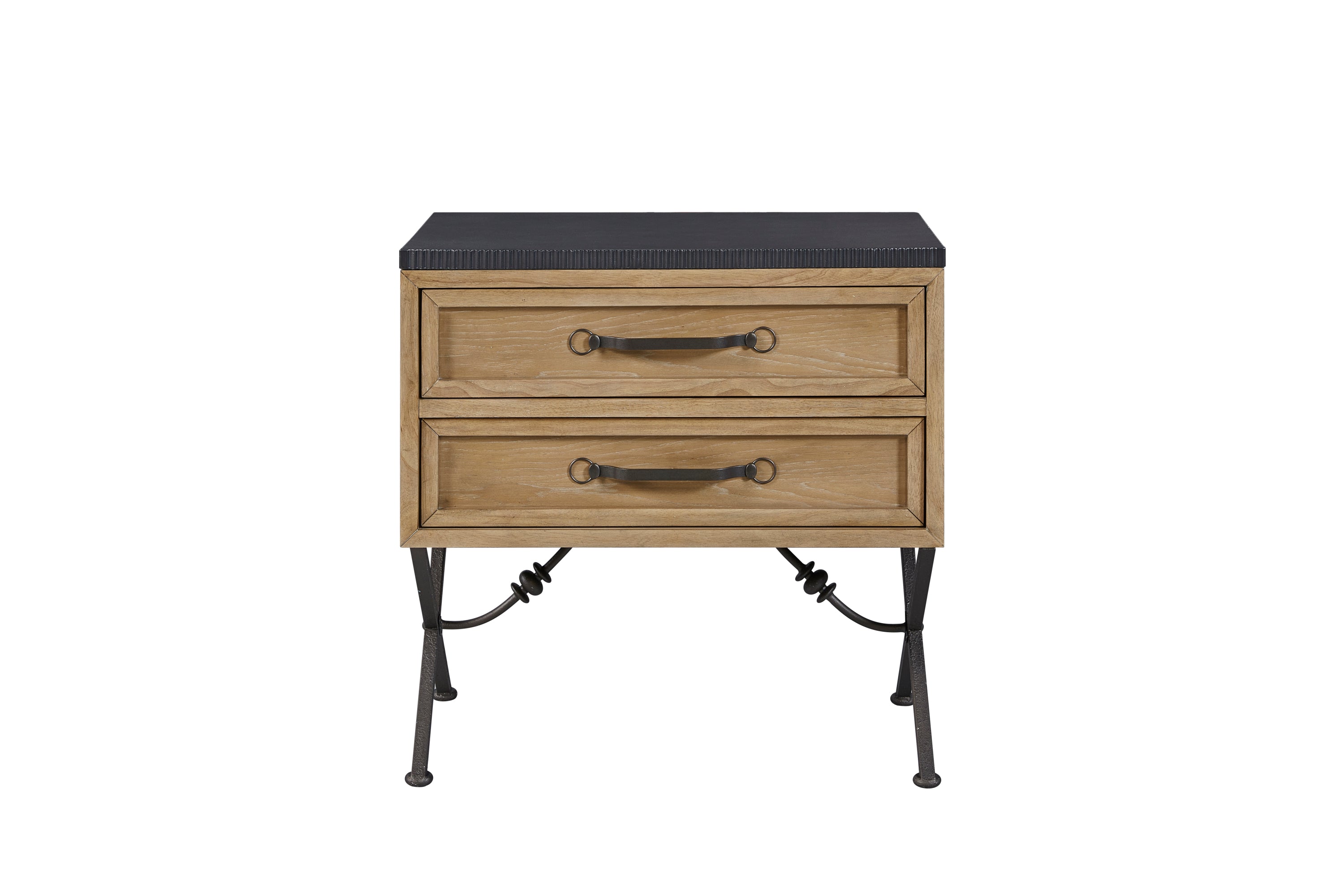 Cashew-colored wood nightstand with two drawers, dark textured top, and decorative wrought-iron legs against white.
