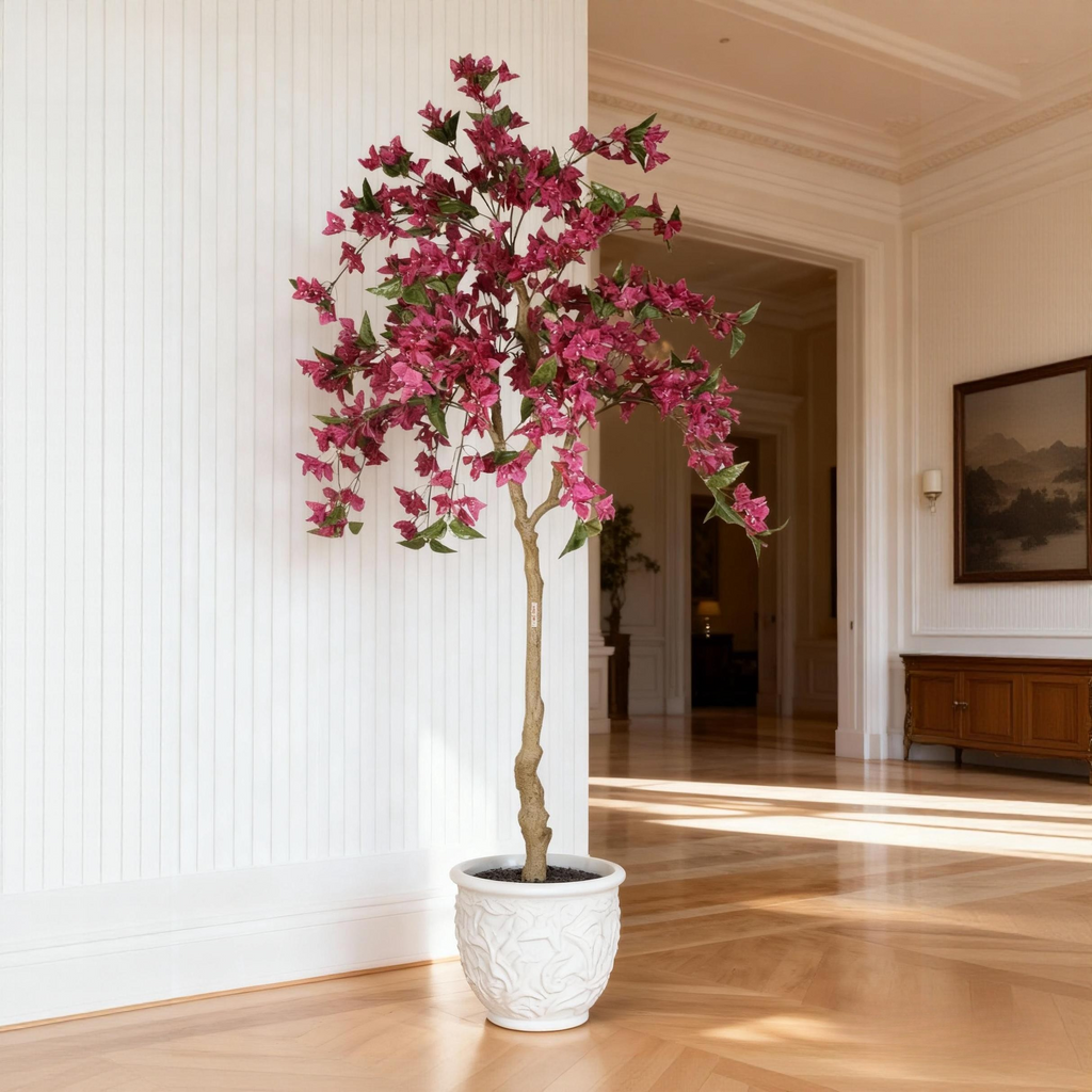 72-inch tall faux bougainvillea tree with vibrant dark pink blooms and green leaves in an ornate white planter.