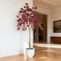 72-inch tall faux bougainvillea tree with vibrant dark pink blooms and green leaves in an ornate white planter.