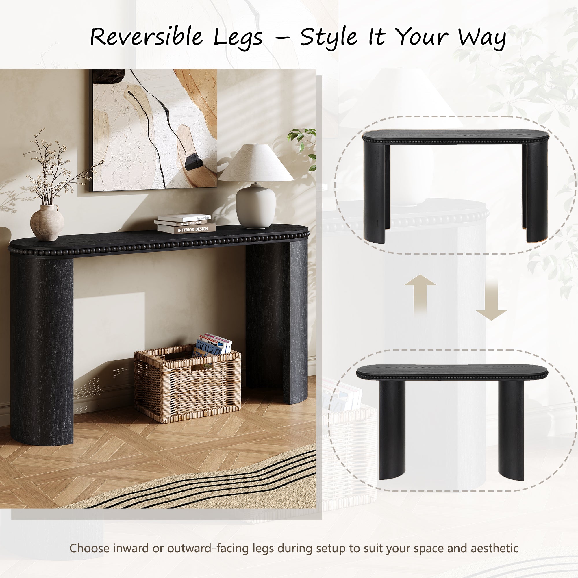 Mirod Console Table with reversible curved legs shown in two configurations for customizable styling in any space.