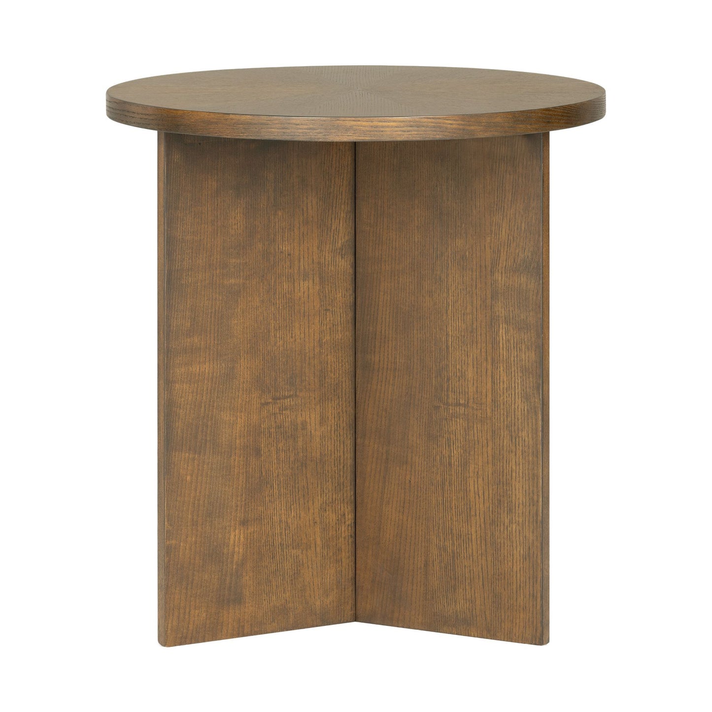 Front view of the Sadie Walnut Brown Accent Table showing its minimalist round top and cross-leg base, perfect for small spaces.
