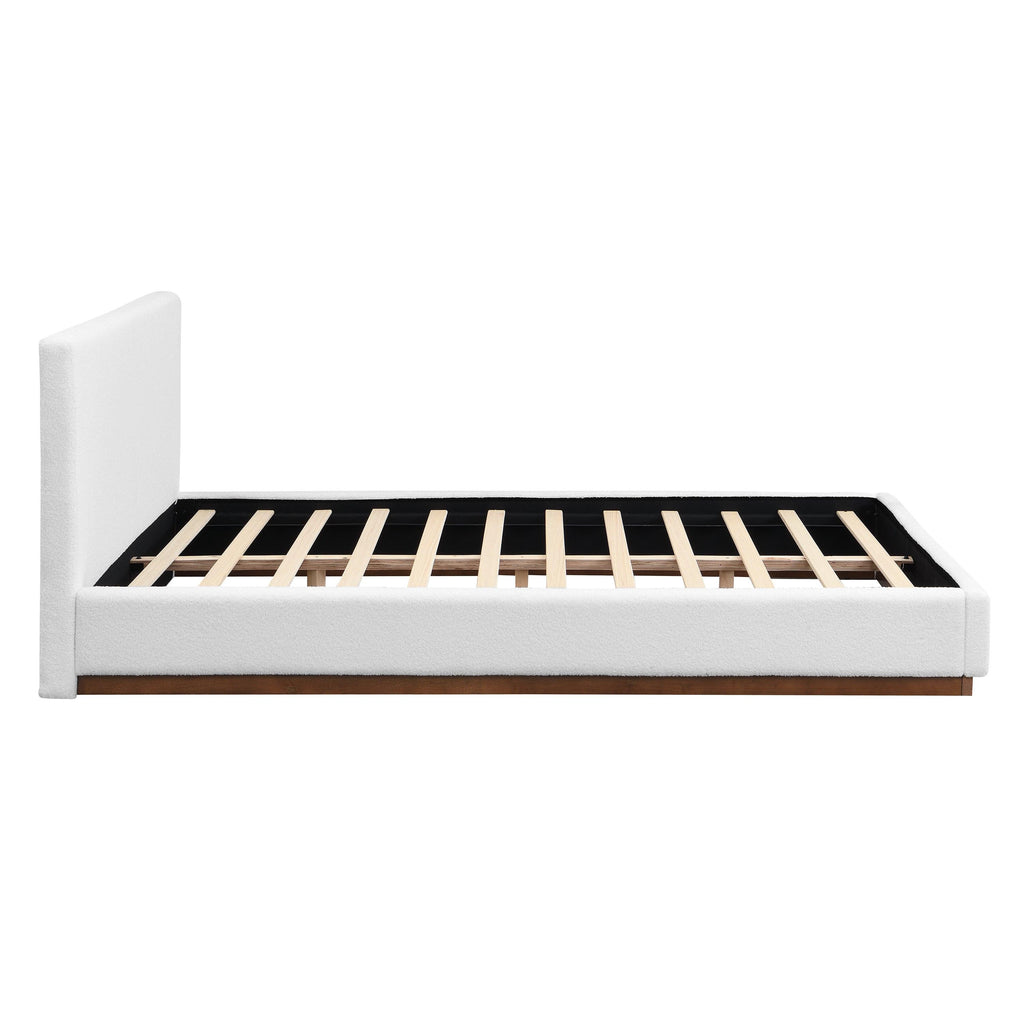 White Boucle Upholstered Bed - Queen Size with Solid Wood Frame.