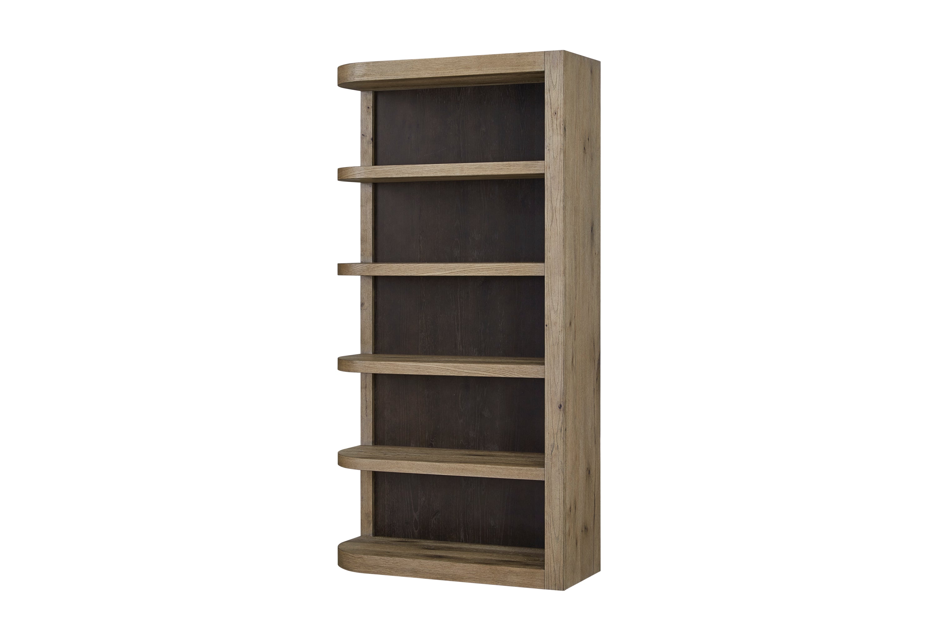 Side perspective of Reversible Oak Etagere highlighting its flexible positioning and natural wood grain finish.
