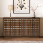 4-door storage cabinet with geometric 3D checkered doors and metal trim, styled in a modern living room with neutral decor.