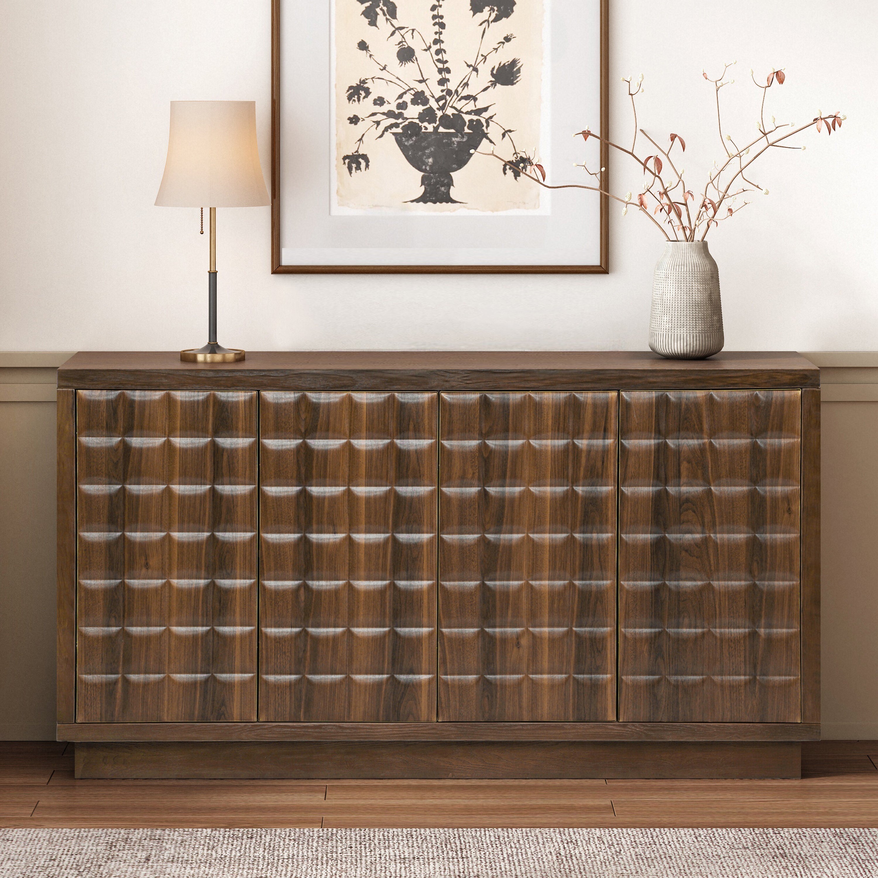 4-door storage cabinet with geometric 3D checkered doors and metal trim, styled in a modern living room with neutral decor.