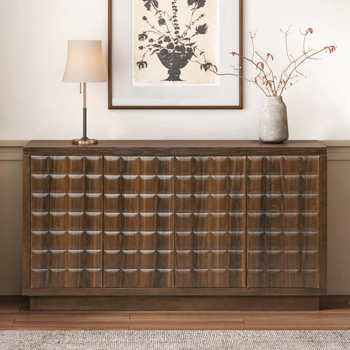 4-door storage cabinet with geometric 3D checkered doors and metal trim, styled in a modern living room with neutral decor.