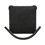 Top-down view of black fabric bar stool seat and curved backrest, displaying textured upholstery and ergonomic design.