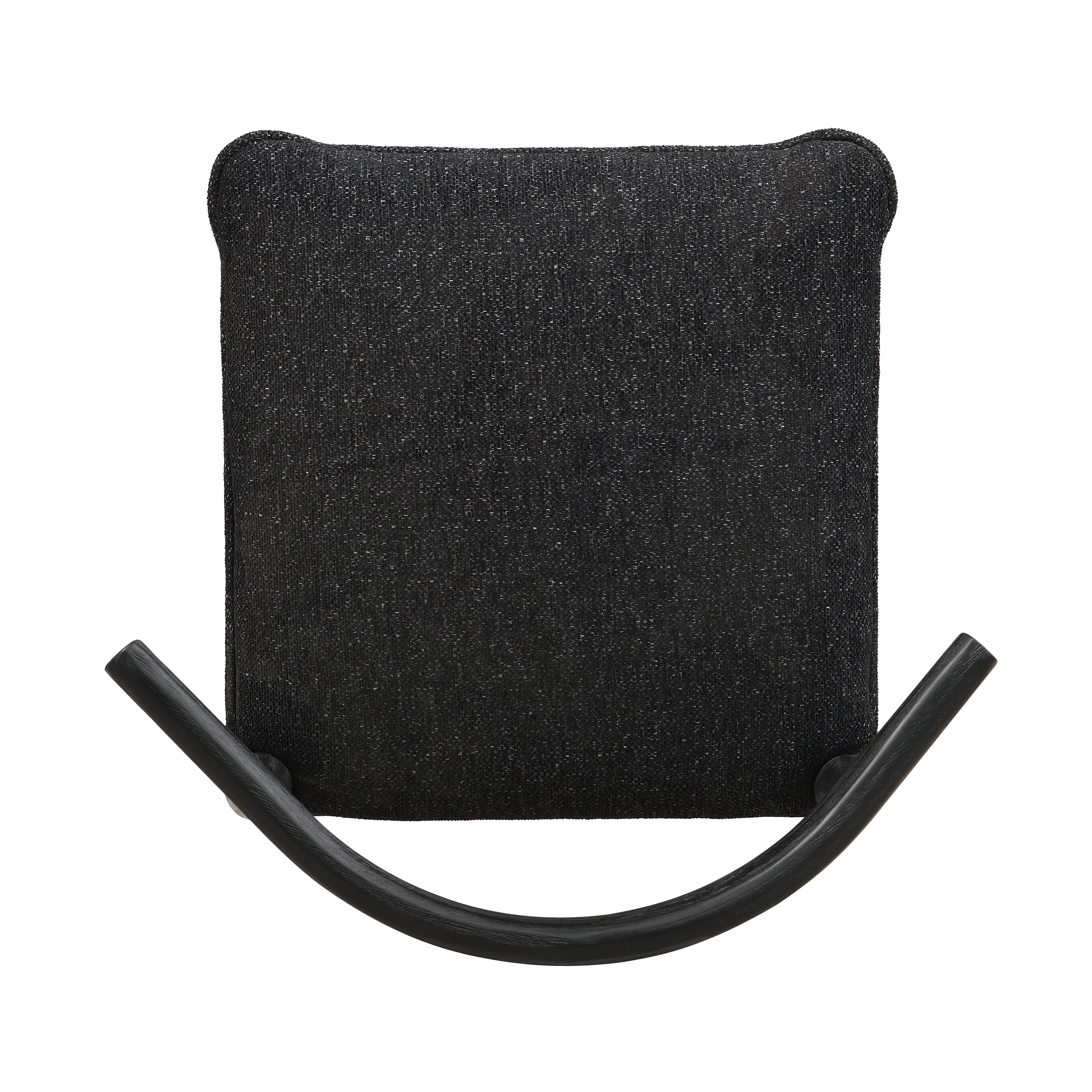 Top-down view of black fabric bar stool seat and curved backrest, displaying textured upholstery and ergonomic design.