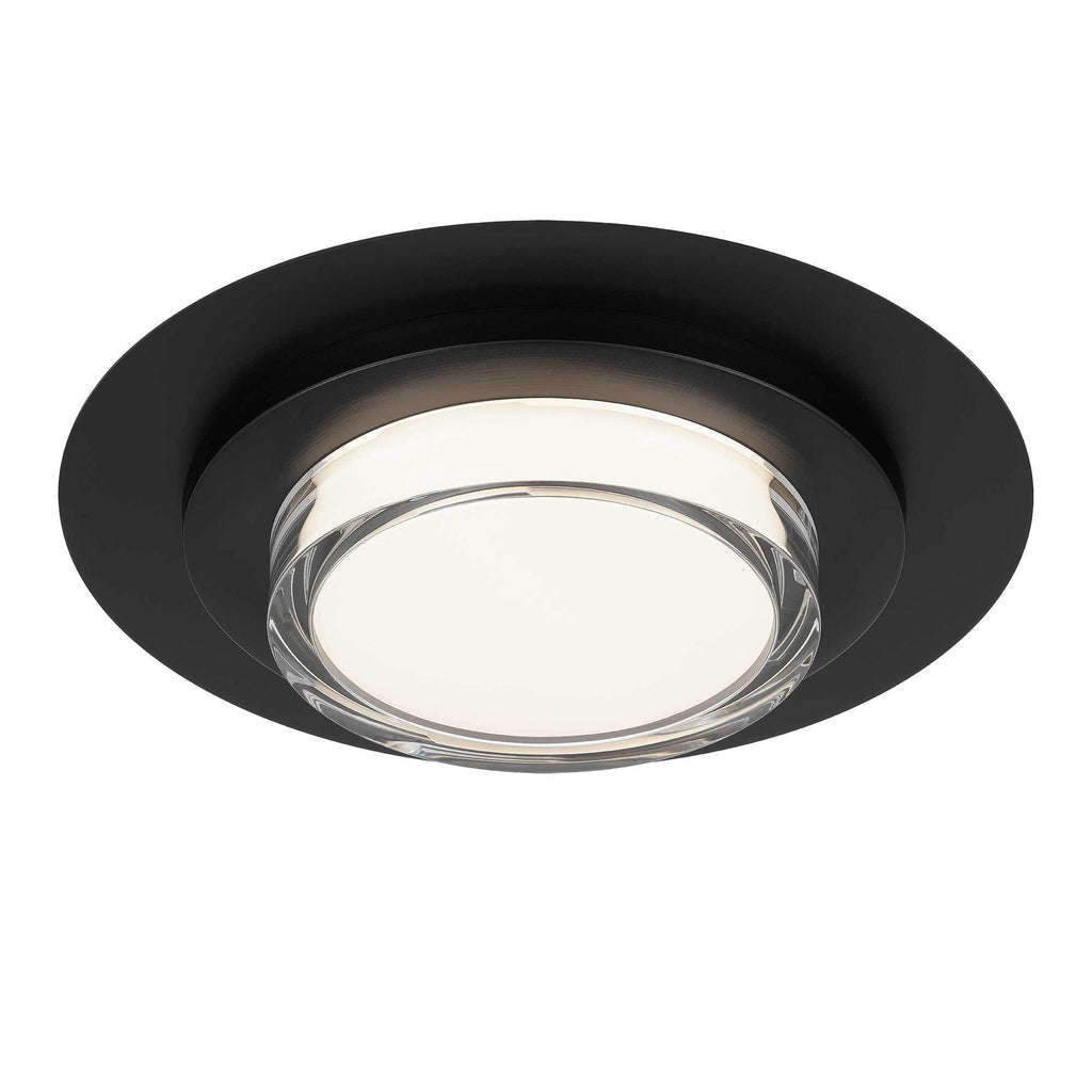 Angled view of 16 Inch LED Flush Mount Ceiling Fixture with black trim and integrated LED for contemporary ceiling lighting.