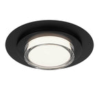 Angled view of 16 Inch LED Flush Mount Ceiling Fixture with black trim and integrated LED for contemporary ceiling lighting.