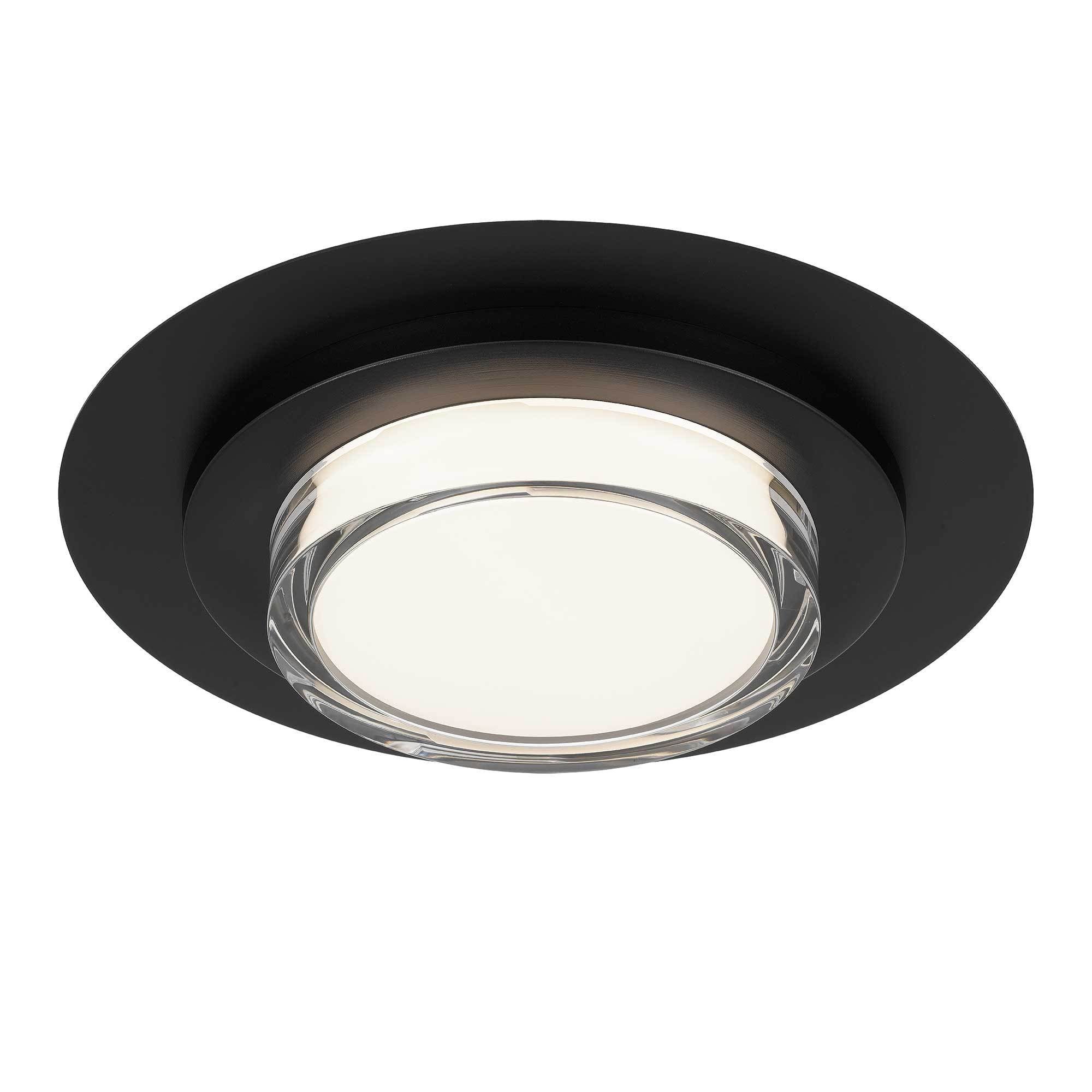 Angled view of 16 Inch LED Flush Mount Ceiling Fixture with black trim and integrated LED for contemporary ceiling lighting.