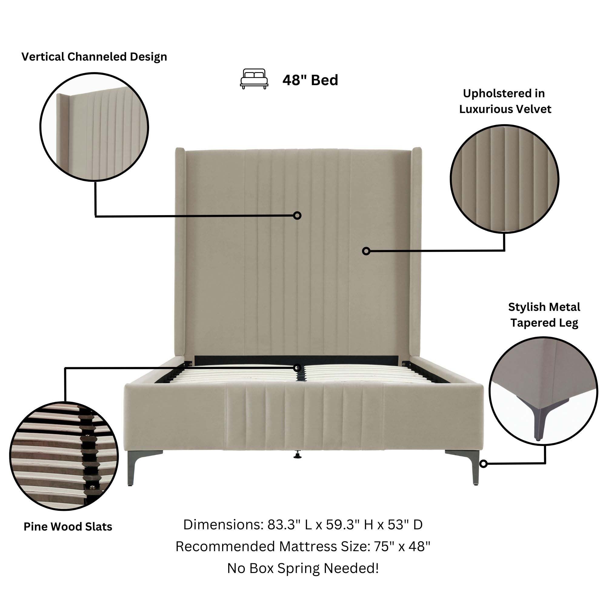 Feature highlights of Promenade Upholstered Velvet Bed Frame 48' in Rustic Taupe showing velvet fabric, pine slats, and metal legs.