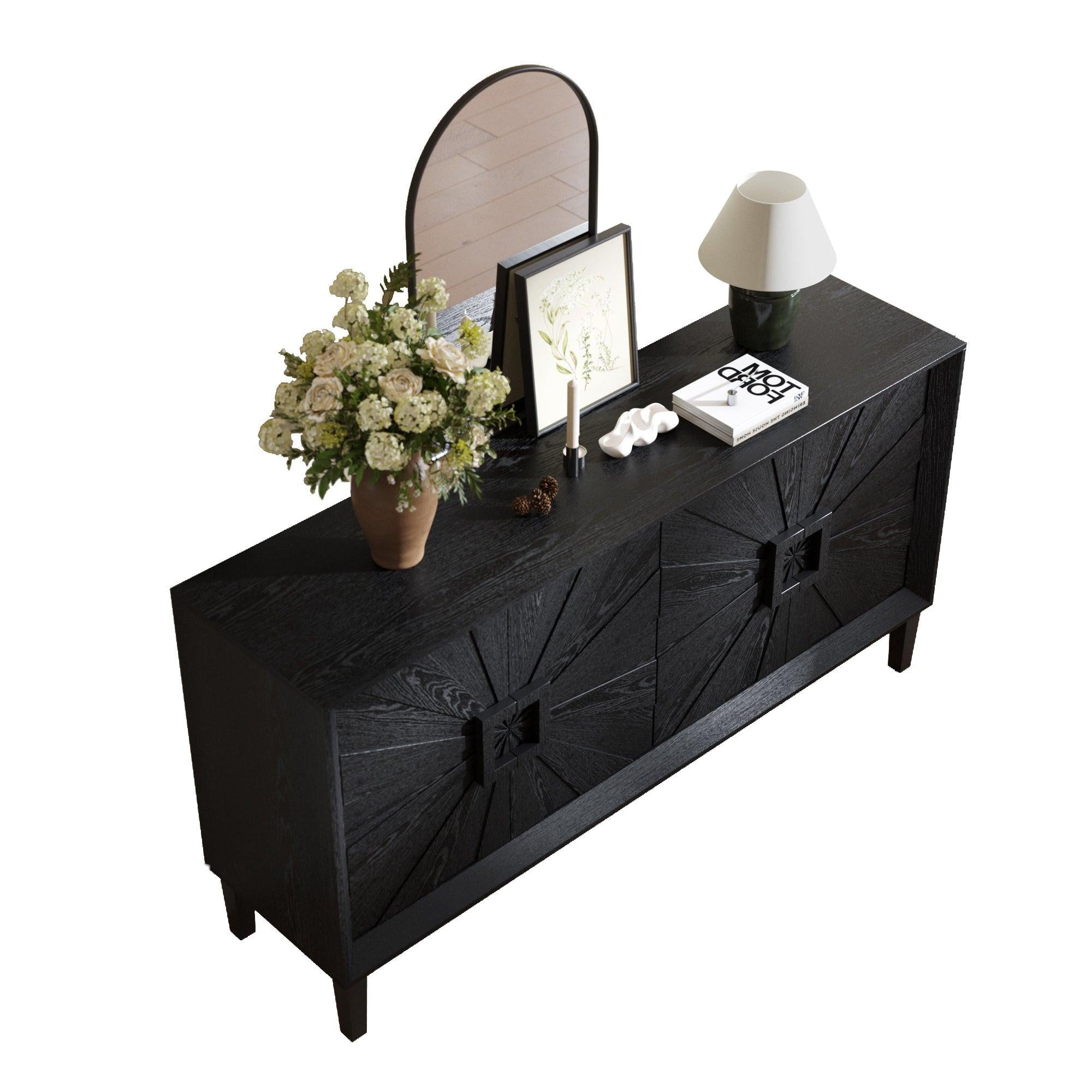 Black Farmhouse Credenza with Sunburst Door Design.