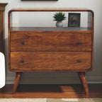 Solid Wood Curved Nordic Charm Console, 2-Drawers, 1-Openn Storage, Nordic Legs, Brown