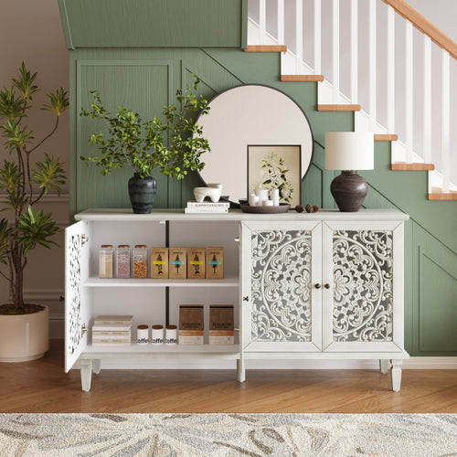 60' Antique Buffet Cabinet with Floral Carvings with Solid Wood Legs&Antique Brass Handles&Adjustable Shelves, TV Stand for 65''+ TV, Sideboard for Living Room,Dining Room (Antique White)