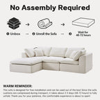L-Shaped Sectional Sofa - Modern Corduroy Couch requires no assembly, shown with unboxing instructions and 48-72 hour expansion time.