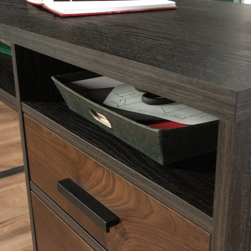 L-Shaped Desk with 2 Drawers and Cubbyholes.