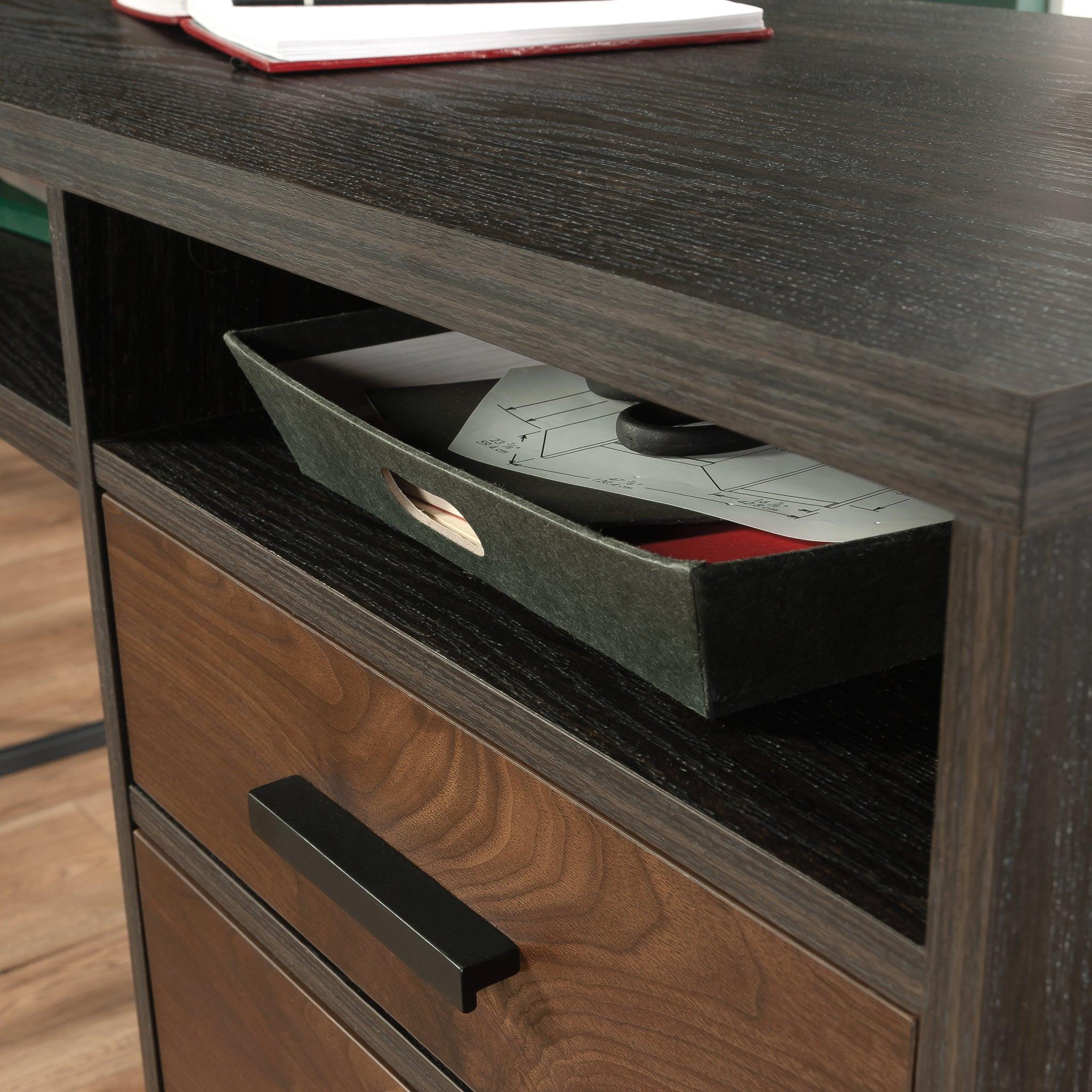 L-Shaped Desk with 2 Drawers and Cubbyholes.
