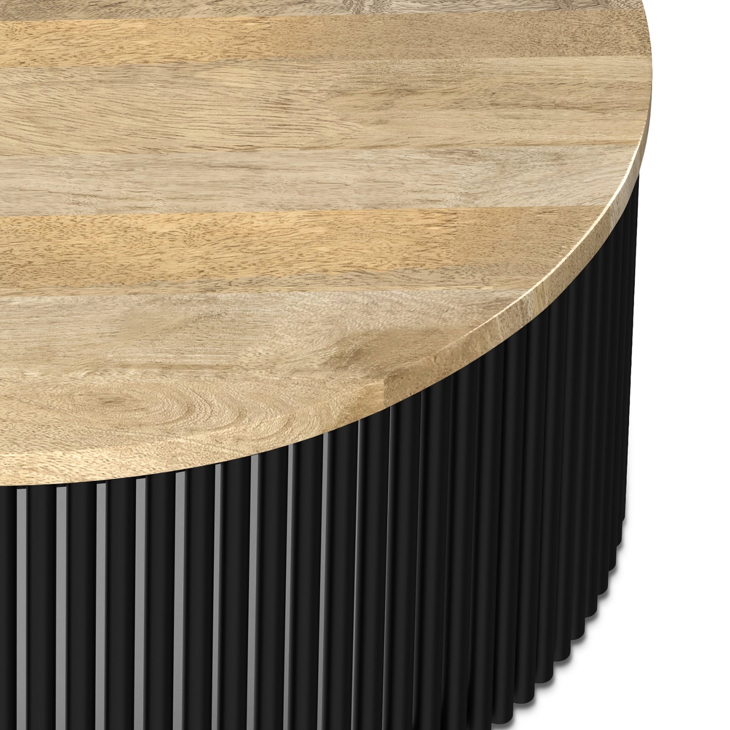 Close-up of Demy Coffee Table highlighting the smooth mango wood top and sleek black iron slatted drum base.