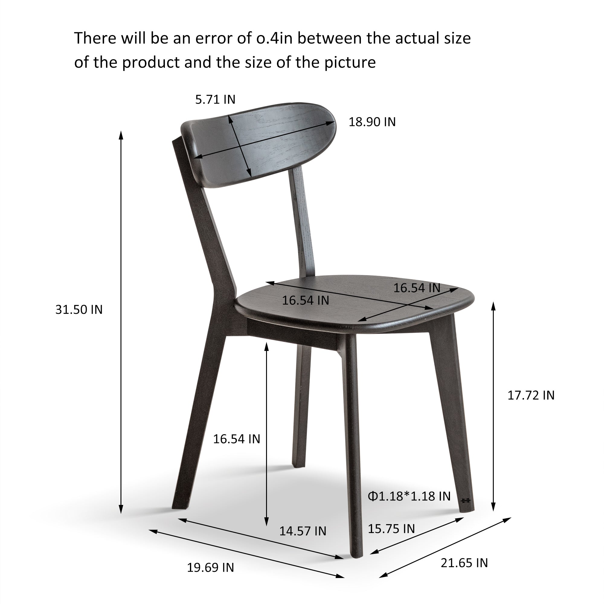 Dimension diagram of Solid Oak Dining Chair in black, detailing seat height, width, and overall size for accurate fitting.