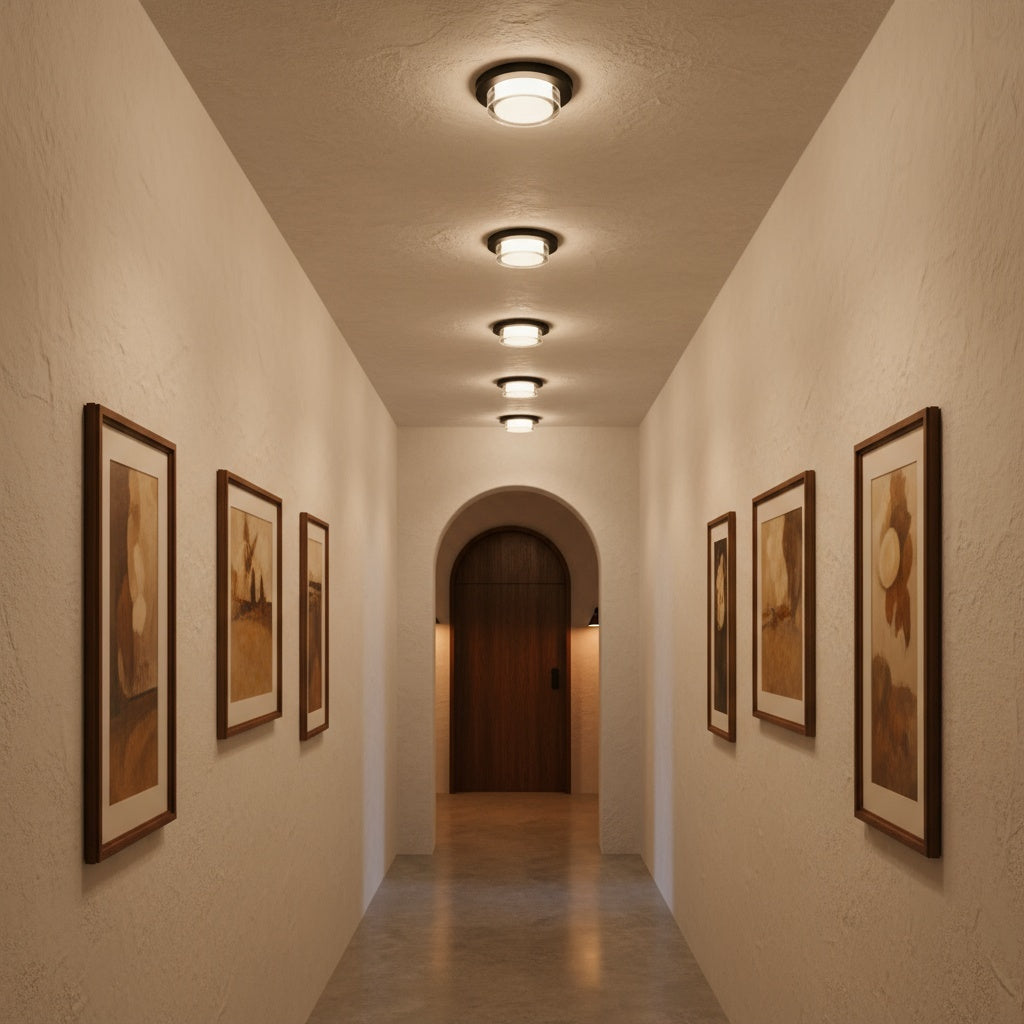Multiple 12" Square LED Flush Mount Lights in black line a gallery hallway. Ideal for dry or damp indoor areas with modern LED lighting.