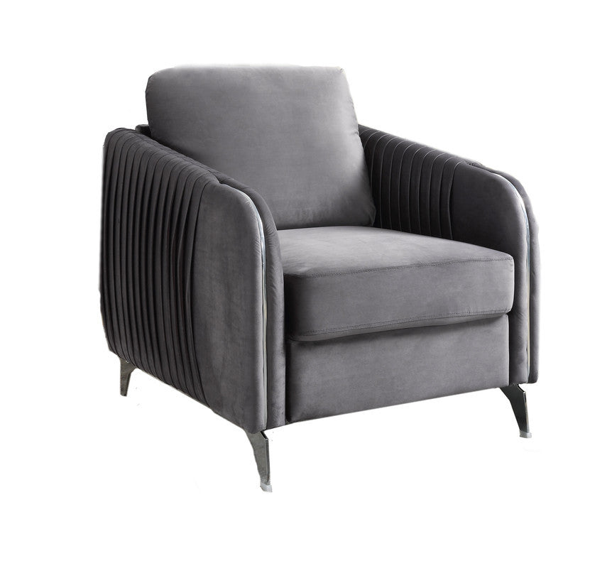 Stylish Hathaway 32' Gray Velvet Accent Armchair featuring plush velvet upholstery, vertical tufted arms, and sleek chrome legs.