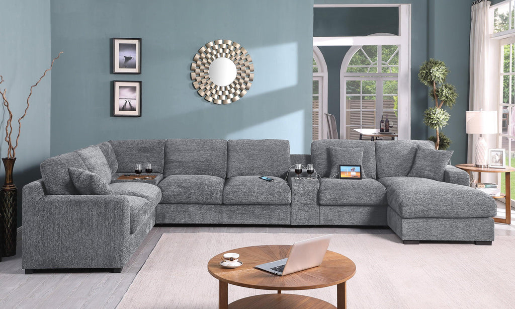 Light Gray Corner Sectional Sofa with Chaise & Cupholders.