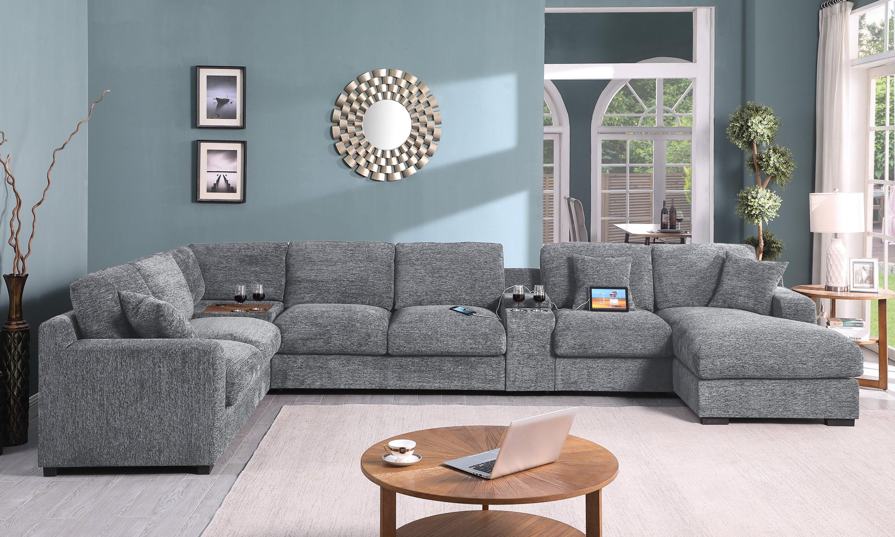 Light Gray Corner Sectional Sofa with Chaise & Cupholders.