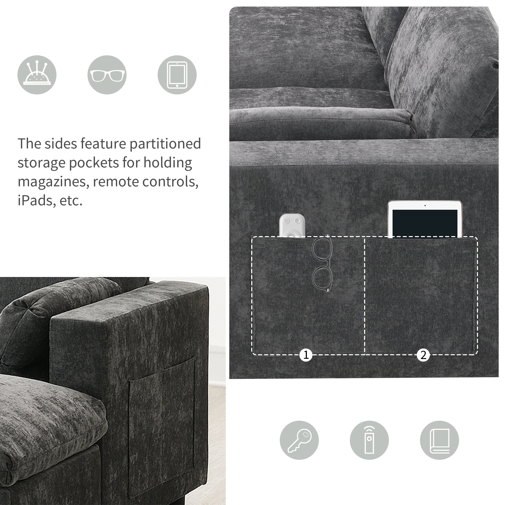 Close-up of chenille sofa's side storage pockets, perfect for organizing remotes, tablets, and magazines in a compact living area.