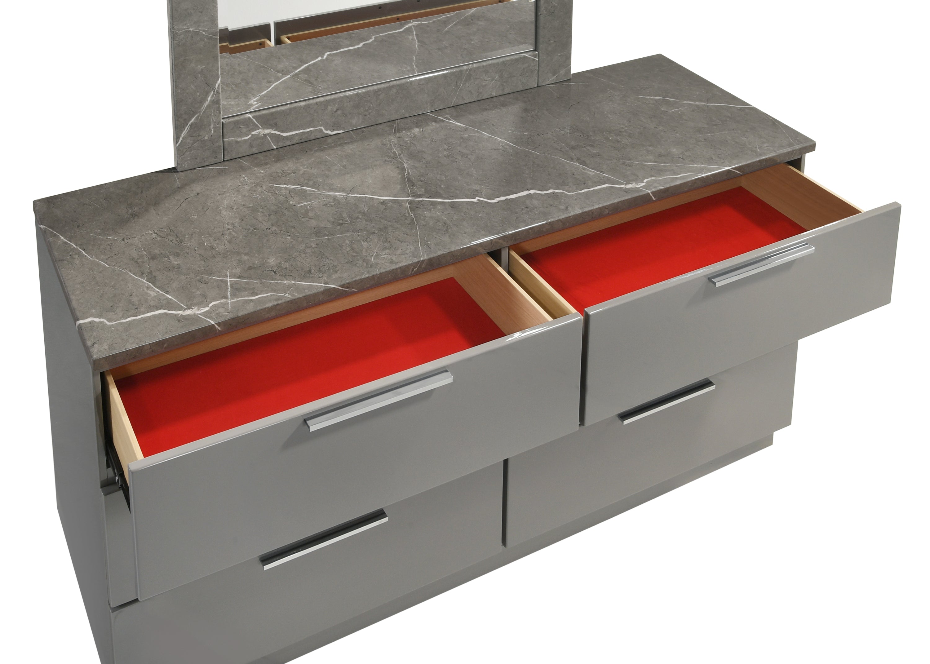 Elara Dresser Two-Tone - Modern, Spacious Drawers featuring red velvet-lined interiors. Stylish storage solution with a marble-look top.